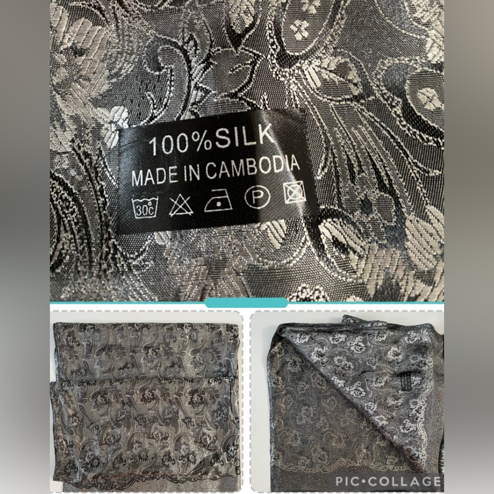 Scarf 100% Silk Metallic Paisley Black/Silver Jacquard Rectangular